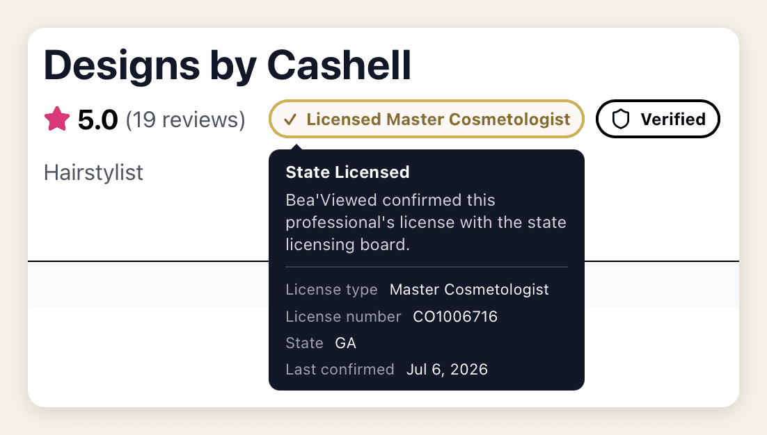 Designs by Cashell's Bea'Viewed profile with the license details open, showing a Master Cosmetologist license number, the state, and the date it was last confirmed