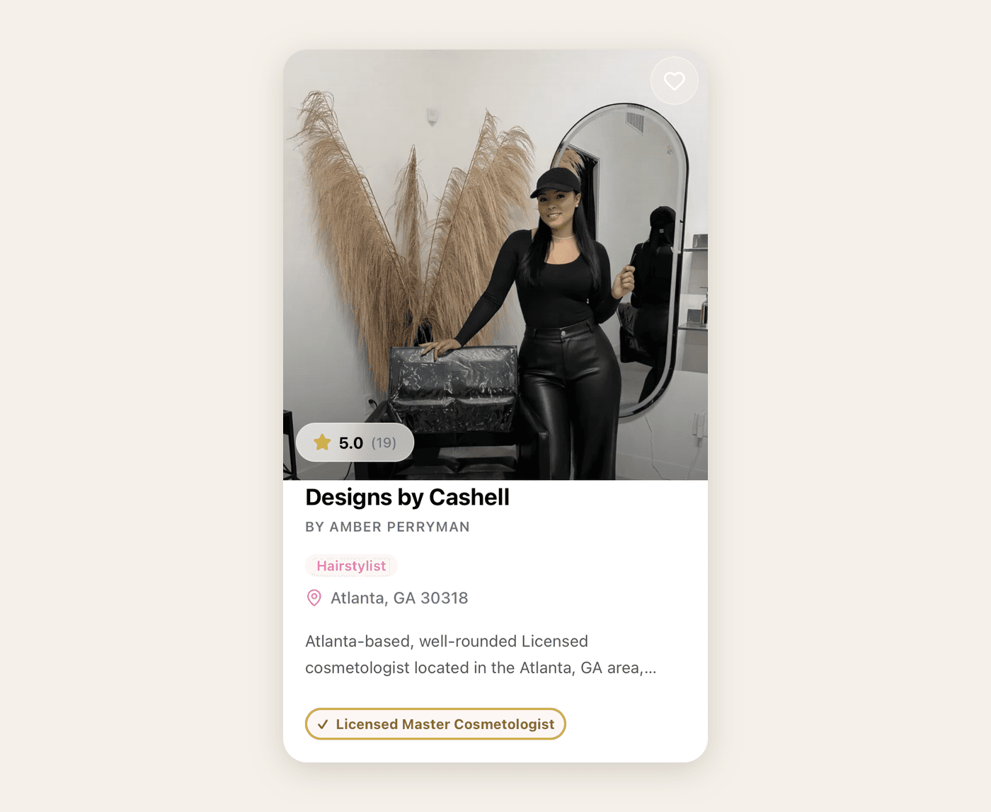 Designs by Cashell, a hairstylist listing by Amber Perryman on Bea'Viewed, showing a 5.0 rating from 19 reviews and a Licensed Master Cosmetologist badge