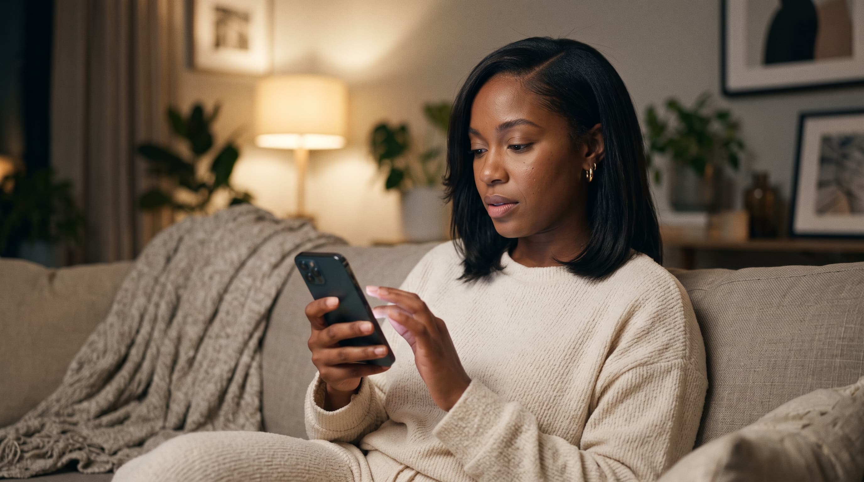A woman on her couch scrolling on her phone while searching for a hairstylist